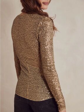 Free People Metallic Gold Sequin Long Sleeve Top